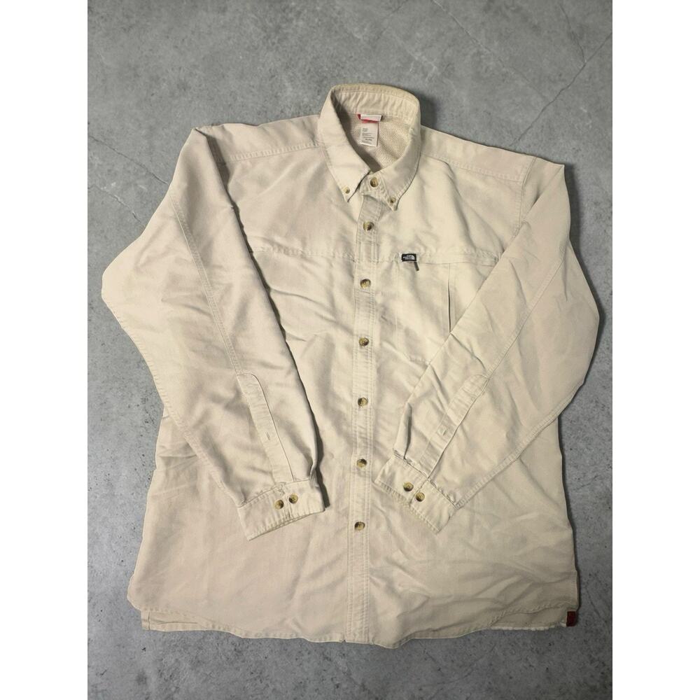 North Face Shirt Mens XL Button Front Long Sleeve Beige Pocket Distressed